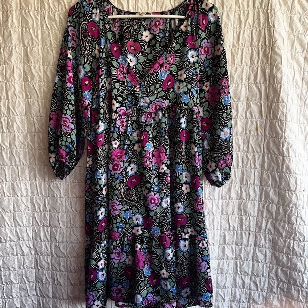 UMGEE Floral Mini Tunic Dress babydoll 3/4 elastic sleeve sz M